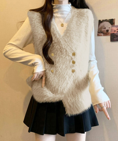 ふわふわファーベストVネックニットベスト レディース ダブルボタン エコファーベスト 春秋冬重ね着 柔らかいニットジレ軽量 大人カジュアル もこもこチョッキ韓国風 80QT-002