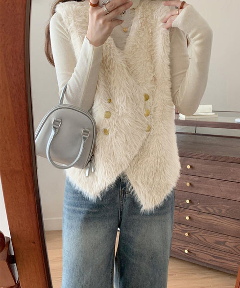 ふわふわファーベストVネックニットベスト レディース ダブルボタン エコファーベスト 春秋冬重ね着 柔らかいニットジレ軽量 大人カジュアル もこもこチョッキ韓国風 80QT-002