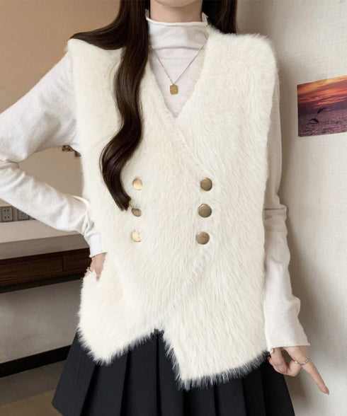 ふわふわファーベストVネックニットベスト レディース ダブルボタン エコファーベスト 春秋冬重ね着 柔らかいニットジレ軽量 大人カジュアル もこもこチョッキ韓国風 80QT-002