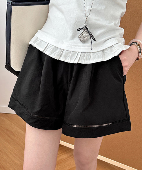 梯子レースショートパンツハーフパンツ夏服 レディース ハイウエスト短パン おしゃれ可愛い ゆったりショーパン ウエストゴムキュロットボトムスきれいめ 裾透かし彫り 80SANSHI-001