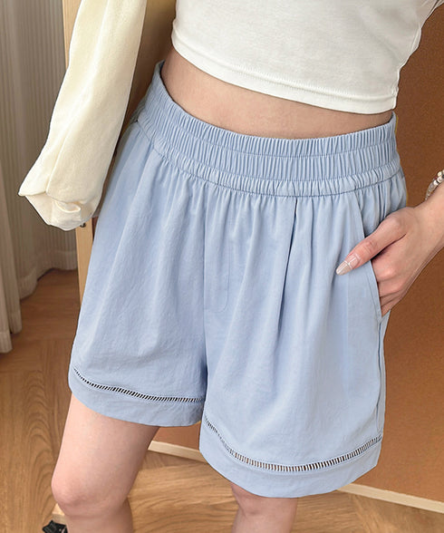 梯子レースショートパンツハーフパンツ夏服 レディース ハイウエスト短パン おしゃれ可愛い ゆったりショーパン ウエストゴムキュロットボトムスきれいめ 裾透かし彫り 80SANSHI-001