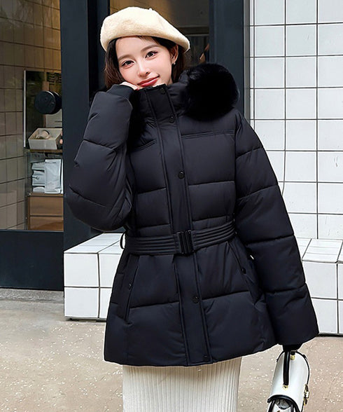 フーディーダウンジャケット 中綿アウター レディース フェイクダウンコートミドル丈 ファーフードアウター 中綿ジャケットウエストマーク 保温防寒防風 あったか冬服 80TIANN-003