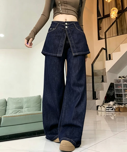 ヒップカバー付き ベルボトムワイドデニム レイヤード風デニムパンツ レディース ゆったり ラップスカート風フレアワイドデニムレトロ 体型カバーロングパンツ美脚脚長 80TMENG-001