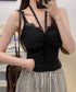カップ付きキャミソールホルターネック夏服 レディース 胸元ギャザー ブラトップキャミフィット感 エレガントレース付きキャミ大人可愛い 韓国風見せインナーキャミ美胸 80WZL-002