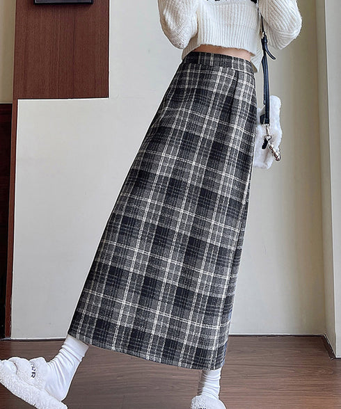 チェック柄タイトスカート バックスリット レトロウールライクスカート レディース ハイウエストAラインスカート ストレートロングスカート 秋冬ミモレスカート韓国風 80XCAI-001