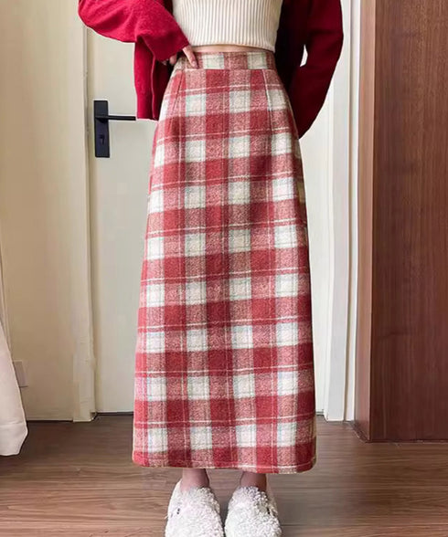 チェック柄タイトスカート バックスリット レトロウールライクスカート レディース ハイウエストAラインスカート ストレートロングスカート 秋冬ミモレスカート韓国風 80XCAI-001