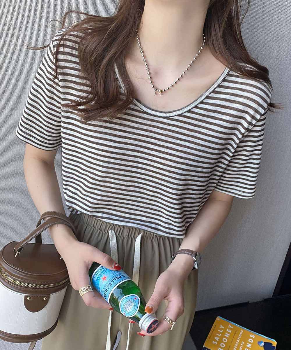 ボーダー柄Tシャツ Vネックカットソー夏 ブラウン