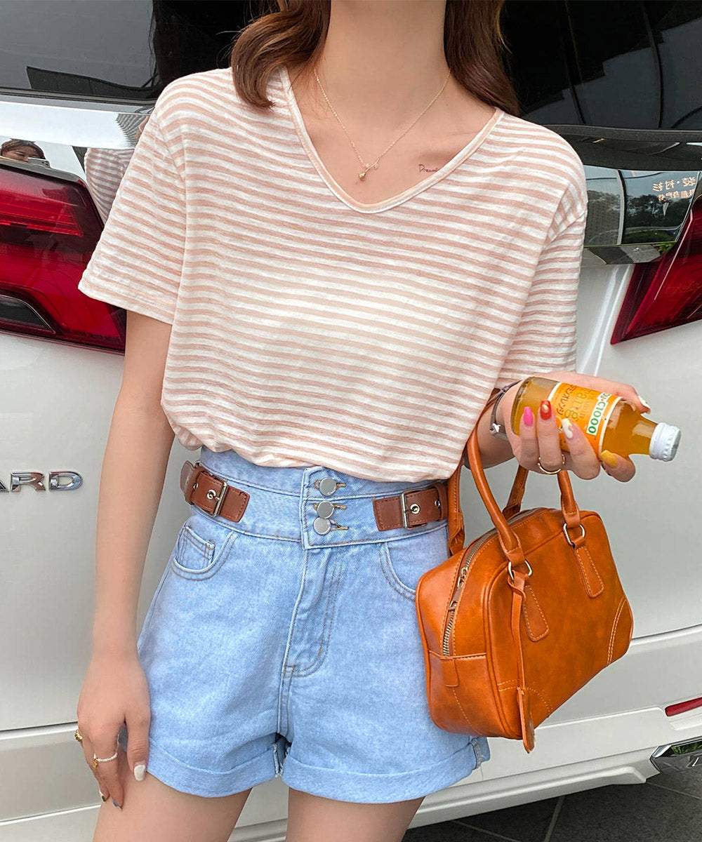 ボーダー柄Tシャツ Vネックカットソー夏 ピンクベージュ