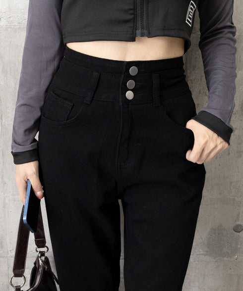ハイウエスト デニムパンツ レディース 美脚ストレートパンツ 着やせ セミワイドパンツ ボタン付き ジーパン ロングズボン オシャレ カジュアルパンツ 80YFG-001