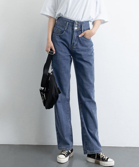 ハイウエスト デニムパンツ レディース 美脚ストレートパンツ 着やせ セミワイドパンツ ボタン付き ジーパン ロングズボン オシャレ カジュアルパンツ 80YFG-001