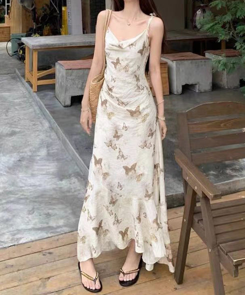 蝶柄キャミワンピース アシンメトリー夏服 リゾートワンピース レディース 涼しげ ロングワンピース ノースリーブ フリルワンピース 大人可愛い フレアワンピース夏 80YIGL-007