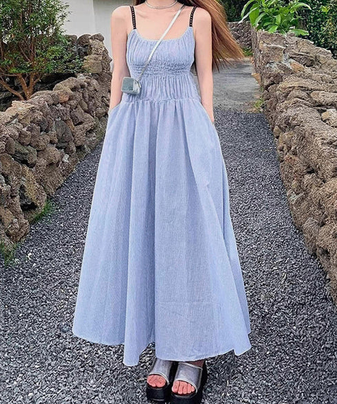 ストライプ柄キャミワンピース 大人可愛い ロングワンピース レディース ギャザーワンピース Aライン 着やせリゾートワンピ 旅行夏服 シーサイドワンピース サマー 80YIGL-008