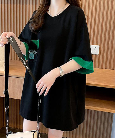 オーバーサイズTシャツチュニックtシャツ 韓国風半袖Tシャツ クルーネックカットソー ゆったりプルオーバー 楽ちん体型カバーTシャツワンピースロゴ 大人カジュアル 80YIGL-010