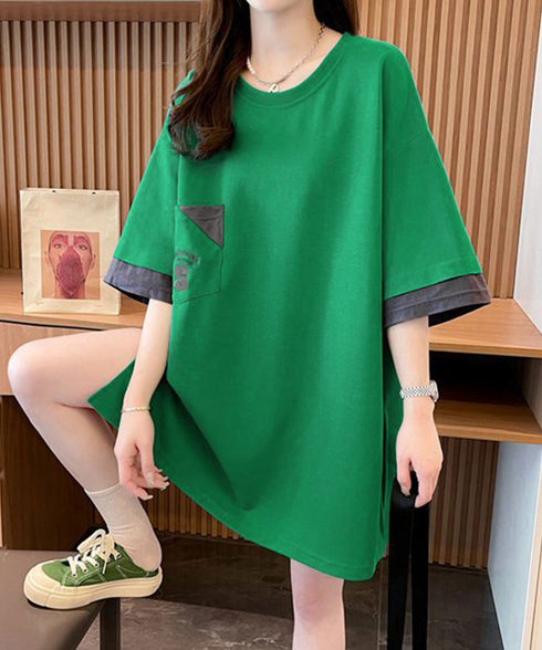 オーバーサイズTシャツチュニックtシャツ 韓国風半袖Tシャツ クルーネックカットソー ゆったりプルオーバー 楽ちん体型カバーTシャツワンピースロゴ 大人カジュアル 80YIGL-010