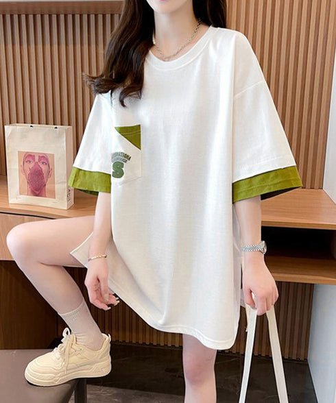 オーバーサイズTシャツチュニックtシャツ 韓国風半袖Tシャツ クルーネックカットソー ゆったりプルオーバー 楽ちん体型カバーTシャツワンピースロゴ 大人カジュアル 80YIGL-010