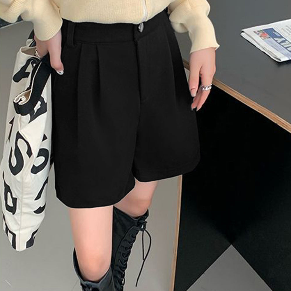 タックショートパンツウール風ワイドパンツ ブラック