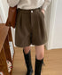 タックショートパンツウール風ワイドパンツ レディース ハイウエストハーフパンツ 無地半ズボン秋冬 着やせ シンプルショーパン ゆったり スラックス短パン 美脚脚長 80YIGL-011
