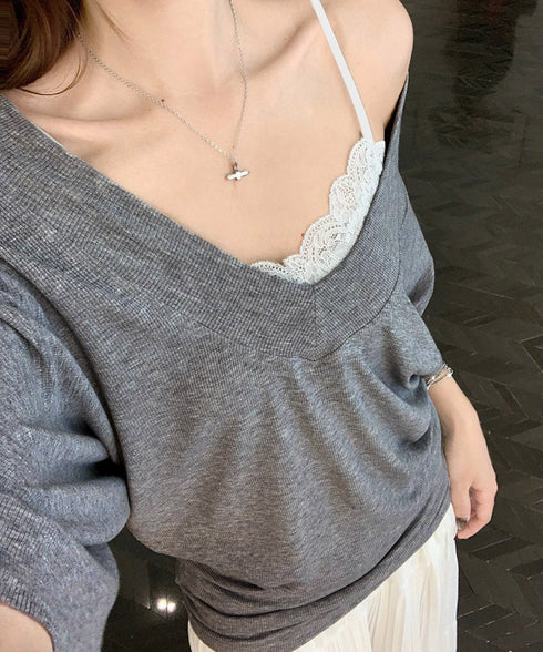 VネックTシャツ レースキャミソール単品 ドルマンスリーブtシャツ半袖 オフショルダーTシャツ 半袖無地t 薄手トップス インナーキャミソール 2タイプ選べる夏服 80YIKLI-001