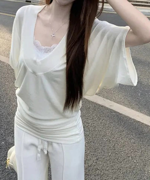 VネックTシャツ レースキャミソール単品 ドルマンスリーブtシャツ半袖 オフショルダーTシャツ 半袖無地t 薄手トップス インナーキャミソール 2タイプ選べる夏服 80YIKLI-001