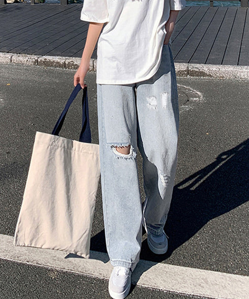 ダメージデニムパンツハイウエストジーパン レディース 大人カジュアル ロングパンツ 着やせ ストレートジーンズ 韓国風 セミワイドパンツ ヴィンテージジーンズ無地 80YT-036