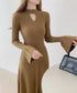 キーホールネックリブニットワンピース秋冬 レディース フレアスリーブワンピース 前後2wayモックネックロングワンピ 上品ベル袖Aラインワンピ ボディラインニット 80YT-037