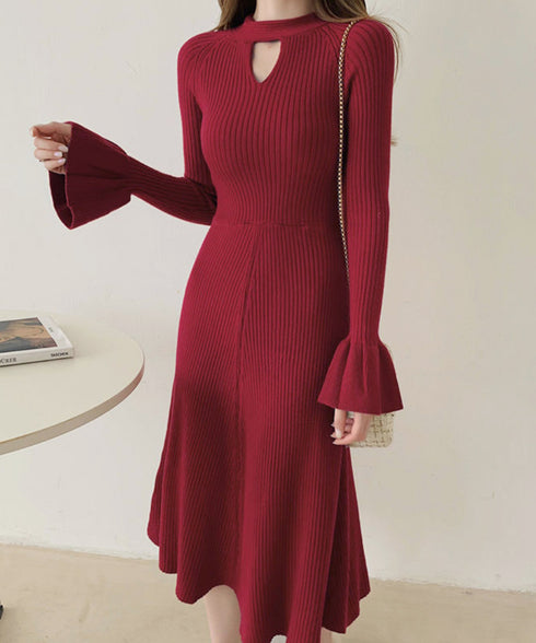 キーホールネックリブニットワンピース秋冬 レディース フレアスリーブワンピース 前後2wayモックネックロングワンピ 上品ベル袖Aラインワンピ ボディラインニット 80YT-037
