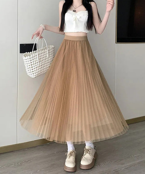 チュールスカートレディースロングスカート ハイウエストプリーツスカート 着やせAラインスカート 大人可愛い エレガントフレアスカート 体型カバー お洒落 ボトムス 80YZDX-001
