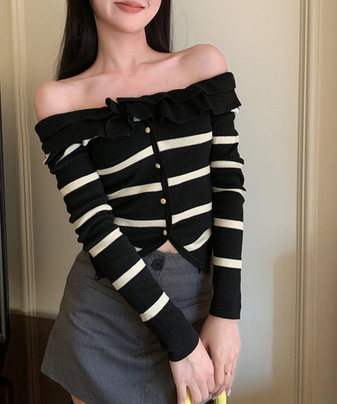 フリルニットトップス オフショルダー秋服 レディース タイトリブニット ボダン付き ニットソー きれいめニットセーター ボーダー柄 ショート丈 ニットカーディガン 80ZHONGYI-001