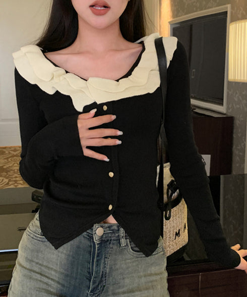 フリルニットトップス オフショルダー秋服 レディース タイトリブニット ボダン付き ニットソー きれいめニットセーター ボーダー柄 ショート丈 ニットカーディガン 80ZHONGYI-001