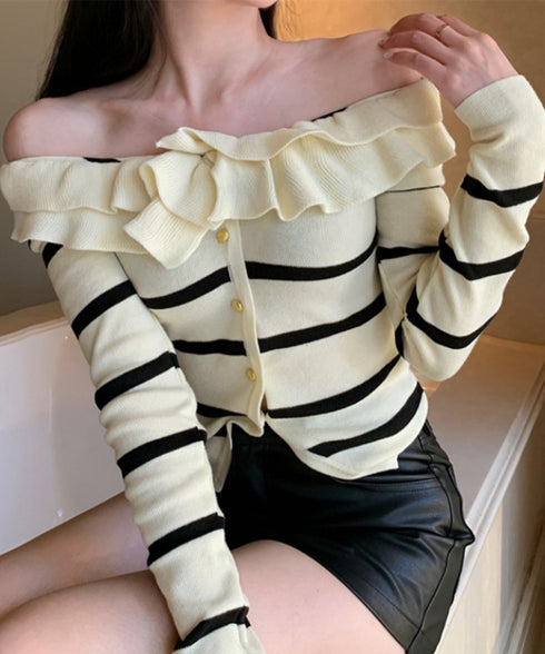 フリルニットトップス オフショルダー秋服 レディース タイトリブニット ボダン付き ニットソー きれいめニットセーター ボーダー柄 ショート丈 ニットカーディガン 80ZHONGYI-001
