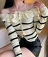 フリルニットトップス オフショルダー秋服 レディース タイトリブニット ボダン付き ニットソー きれいめニットセーター ボーダー柄 ショート丈 ニットカーディガン 80ZHONGYI-001
