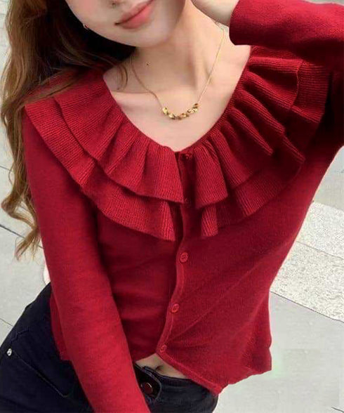 フリルニットトップス オフショルダー秋服 レディース タイトリブニット ボダン付き ニットソー きれいめニットセーター ボーダー柄 ショート丈 ニットカーディガン 80ZHONGYI-001