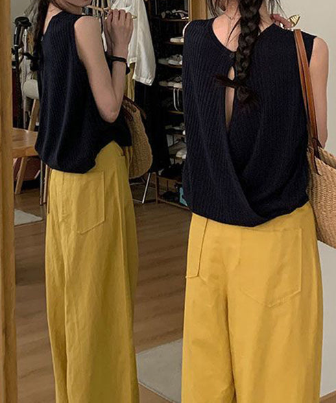 サマーニットタンクトップ 背中開き 夏服 前後2WAYリブニット ノースリーブトップス レディース ラウンドネックプルオーバー バックオープンニットソー きれいめ 80ZHONGYI-002