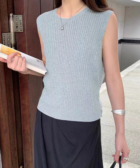 サマーニットタンクトップ 背中開き 夏服 前後2WAYリブニット ノースリーブトップス レディース ラウンドネックプルオーバー バックオープンニットソー きれいめ 80ZHONGYI-002
