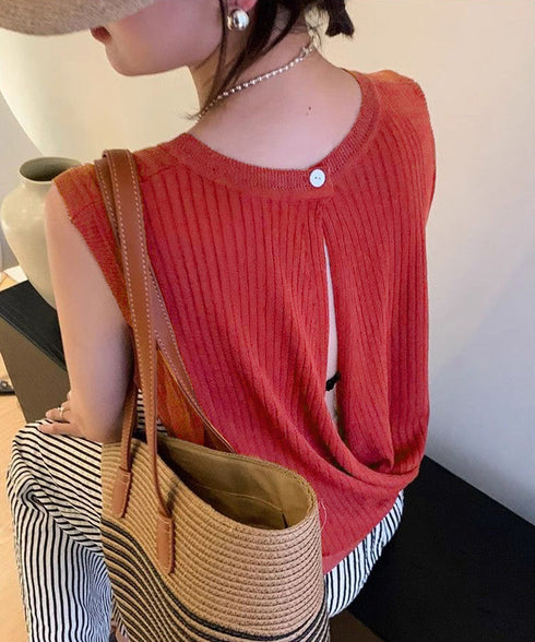 サマーニットタンクトップ 背中開き 夏服 前後2WAYリブニット ノースリーブトップス レディース ラウンドネックプルオーバー バックオープンニットソー きれいめ 80ZHONGYI-002