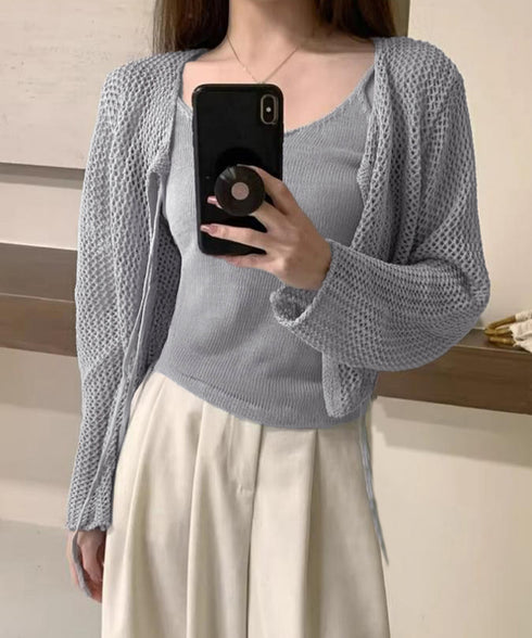 メッシュカーディガン キャミソールセット Uネックニットキャミ 透かし編みカーディガン 薄手ニットアンサンブル リボンカーディガン 長袖ニット着回し春夏服 韓国風 80ZHONGYI-003
