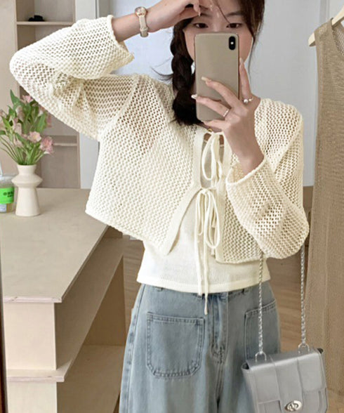 メッシュカーディガン キャミソールセット Uネックニットキャミ 透かし編みカーディガン 薄手ニットアンサンブル リボンカーディガン 長袖ニット着回し春夏服 韓国風 80ZHONGYI-003