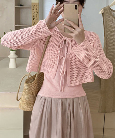 メッシュカーディガン キャミソールセット Uネックニットキャミ 透かし編みカーディガン 薄手ニットアンサンブル リボンカーディガン 長袖ニット着回し春夏服 韓国風 80ZHONGYI-003