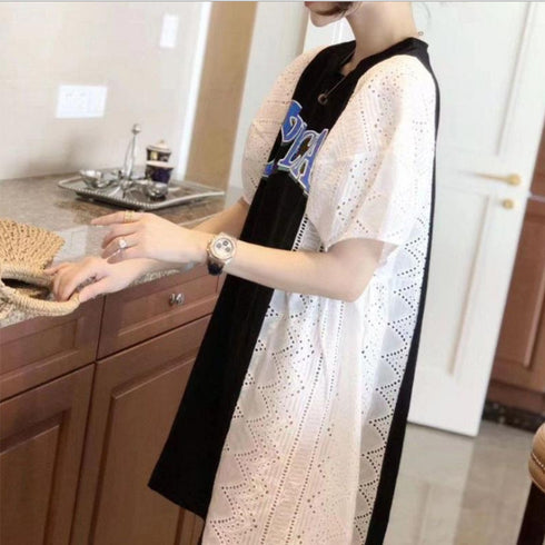 チュニックワンピース レディース 韓国 ミニワンピース レース切り替え aラインワンピ 半袖 春夏 パフスリーブ tシャツワンピース カジュアル 体型カバー 80BOCUI-001