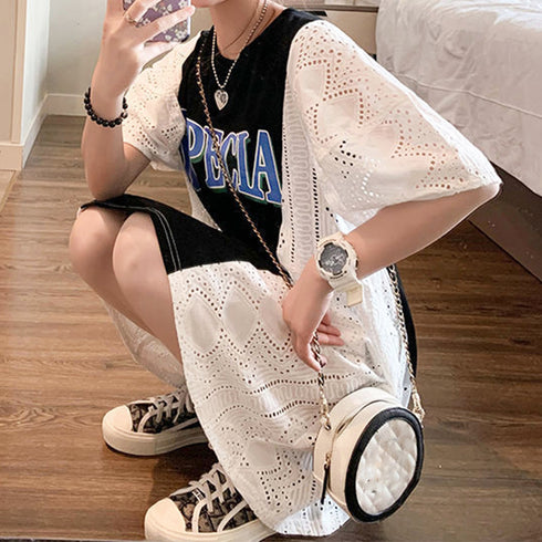 チュニックワンピース レディース 韓国 ミニワンピース レース切り替え aラインワンピ 半袖 春夏 パフスリーブ tシャツワンピース カジュアル 体型カバー 80BOCUI-001
