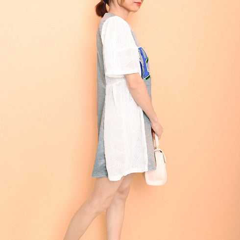 チュニックワンピース レディース 韓国 ミニワンピース レース切り替え aラインワンピ 半袖 春夏 パフスリーブ tシャツワンピース カジュアル 体型カバー 80BOCUI-001