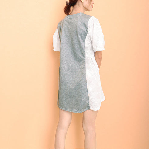 チュニックワンピース レディース 韓国 ミニワンピース レース切り替え aラインワンピ 半袖 春夏 パフスリーブ tシャツワンピース カジュアル 体型カバー 80BOCUI-001
