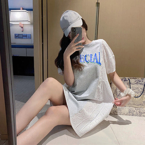 チュニックワンピース レディース 韓国 ミニワンピース レース切り替え aラインワンピ 半袖 春夏 パフスリーブ tシャツワンピース カジュアル 体型カバー 80BOCUI-001