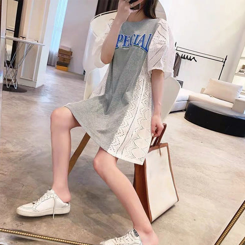 チュニックワンピース レディース 韓国 ミニワンピース レース切り替え aラインワンピ 半袖 春夏 パフスリーブ tシャツワンピース カジュアル 体型カバー 80BOCUI-001