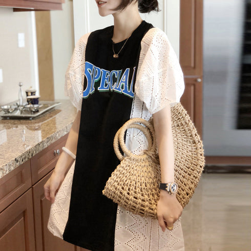 チュニックワンピース レディース 韓国 ミニワンピース レース切り替え aラインワンピ 半袖 春夏 パフスリーブ tシャツワンピース カジュアル 体型カバー 80BOCUI-001