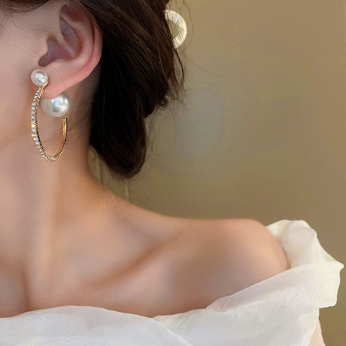 フープピアス キラキラ 派手大ぶりピアス パールキャッチ 韓国アクセサリーラインストーン ビジュー 上品 大人かわいいピアス オルチャン パーティー ジュエリー 80BYU-019