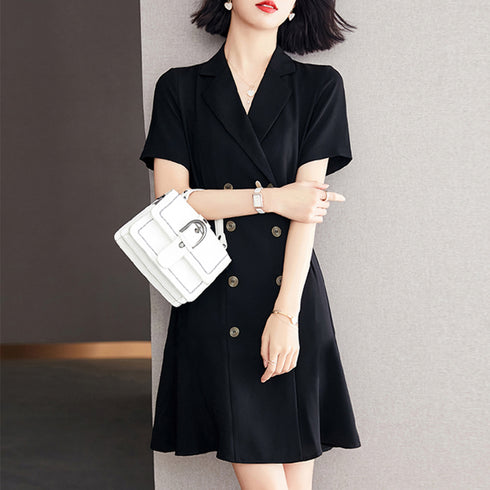 トレンチワンピースVネックミニワンピ上品 シャツワンピース ウエストマーク フレアワンピ おしゃれ パーティー 半袖ワンピ きれいめ 膝上丈 韓国風 夏服 襟付き 80CHANGHUI-001
