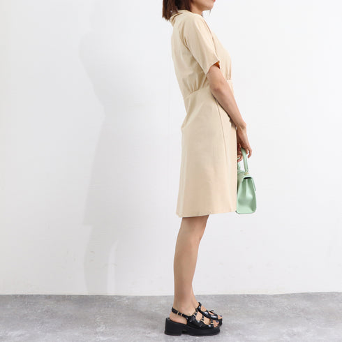 トレンチワンピースVネックミニワンピ上品 シャツワンピース ウエストマーク フレアワンピ おしゃれ パーティー 半袖ワンピ きれいめ 膝上丈 韓国風 夏服 襟付き 80CHANGHUI-001