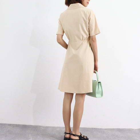 トレンチワンピースVネックミニワンピ上品 シャツワンピース ウエストマーク フレアワンピ おしゃれ パーティー 半袖ワンピ きれいめ 膝上丈 韓国風 夏服 襟付き 80CHANGHUI-001