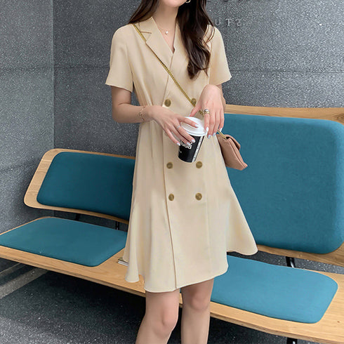 トレンチワンピースVネックミニワンピ上品 シャツワンピース ウエストマーク フレアワンピ おしゃれ パーティー 半袖ワンピ きれいめ 膝上丈 韓国風 夏服 襟付き 80CHANGHUI-001